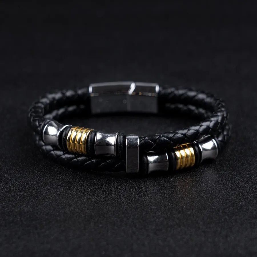 Casual Retro Simple Style Geometric Pu Leather Rubber Metal Layered Men's wristband
