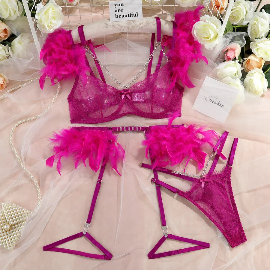 feather floral lace bras sexy feather lace backless low waist thong sexy lingerie