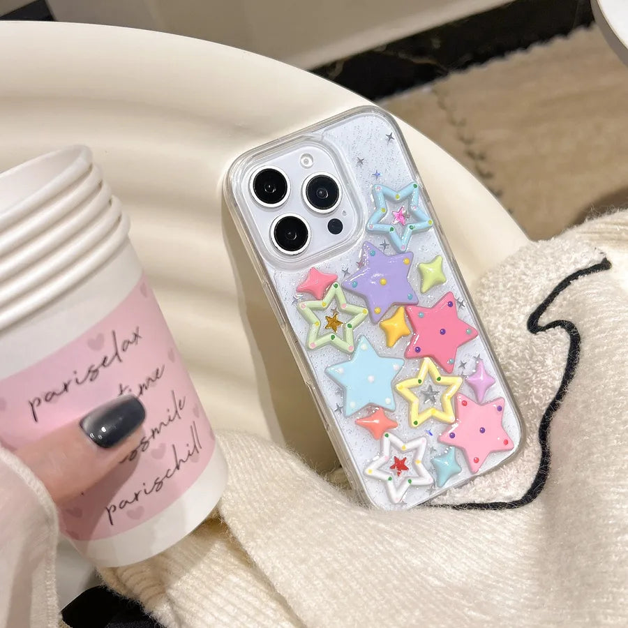 Colorful Star Cute Phone Case For Apple 16Promax iPhone 17 New Model Transparent Black Handmade Customizable Mobile Shell