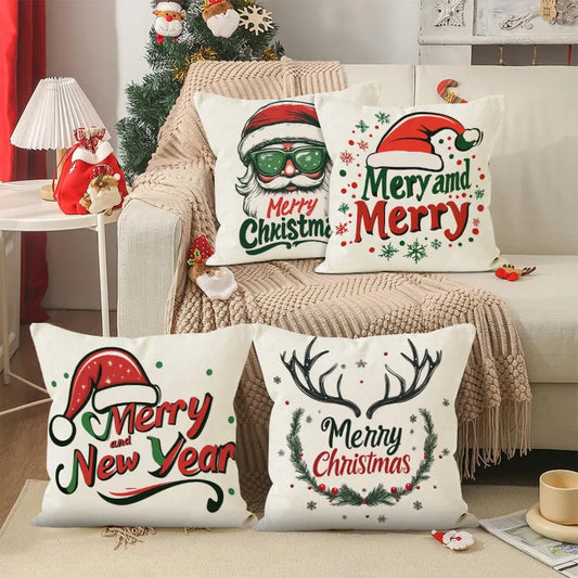 Christmas Linen Pillowcase Santa Claus Print Living Room Sofa Cushion Cover Festival Pillowcase Home Decorative Accessories