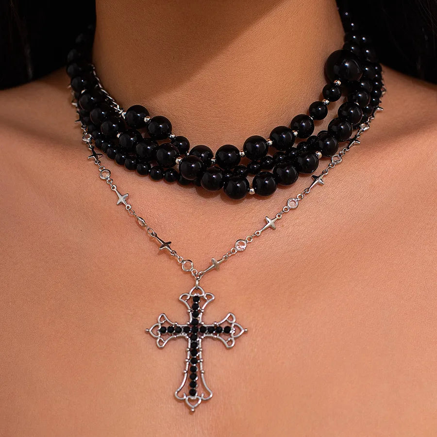 Punk Streetwear Cross Imitation Pearl Alloy Iron Beaded Chain Layered Necklaces Wholesale