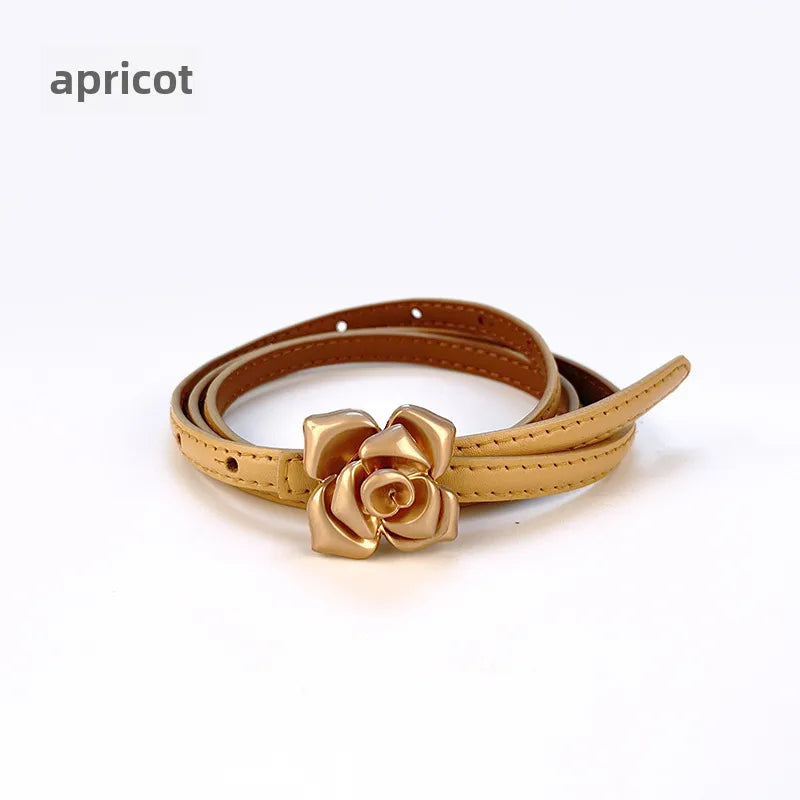 New Genuine Leather Women's Thin Belt Women's Flower Waist Slim Cowhide Women's Belt with Sweater Dress
