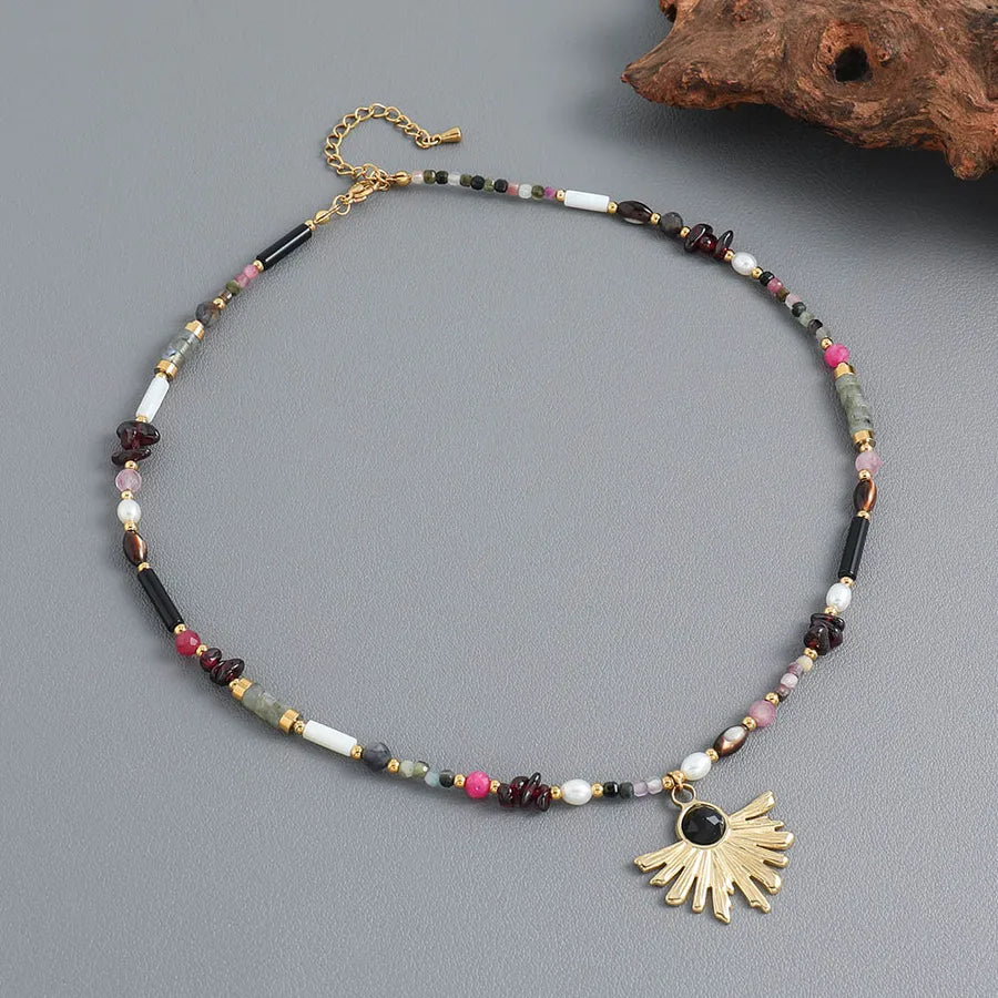 retro ethnic style geometric stainless steel natural stone freshwater pearl beaded handmade inlay artificial gemstones pendant necklace