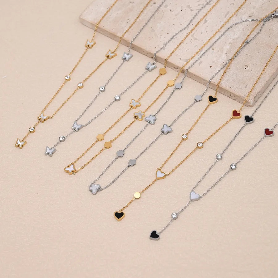 Wholesale Jewelry IG Style Sweet Red Heart Flower Butterfly 304 Stainless Steel Rhinestones Shell 18K Gold Plated Polishing cable chain Pendant Necklace