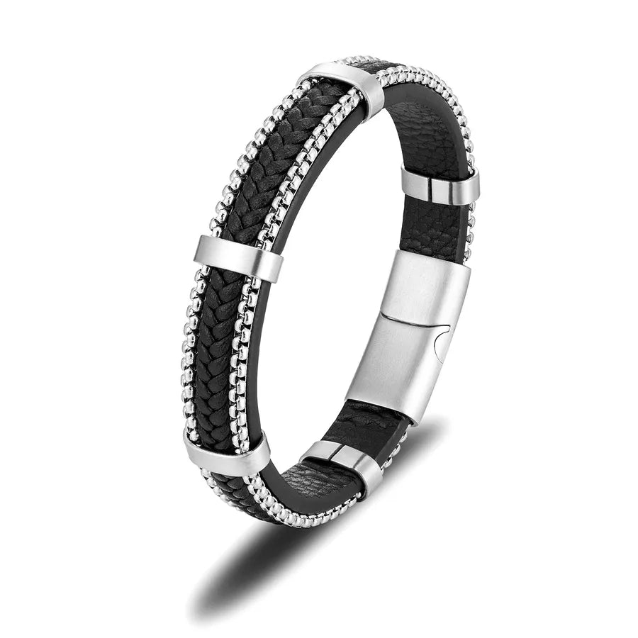 Retro Punk Geometric 316L Stainless Steel Leather Men's Bracelets Men Cord & Leather Bracelets