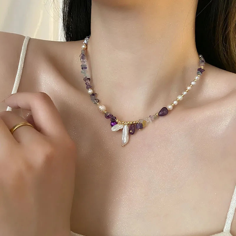 Freshwater Pearl gravel Titanium Steel Beaded Chain Geometric Necklace