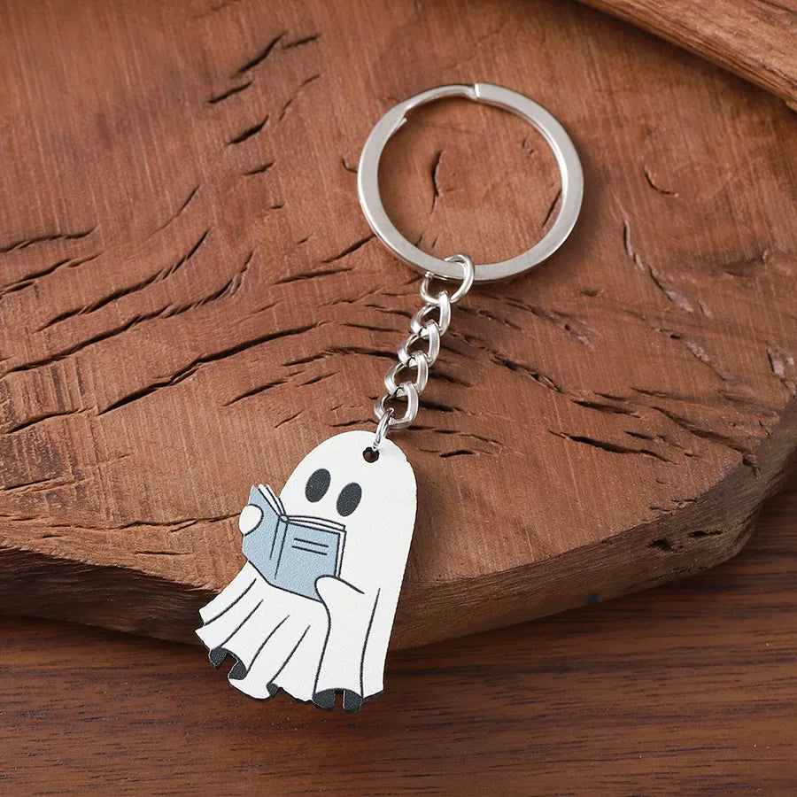 Wooden Halloween Ghost Keychain Pendants Cartoon Style Book Theme Hanging Ornaments Gifts For Party Decorations