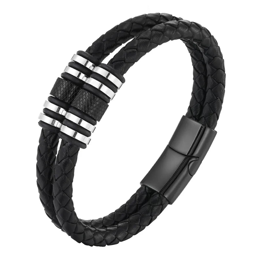 Vintage Style Geometric Pu Leather Titanium Steel Woven Chain Wrap Bracelets Wholesale
