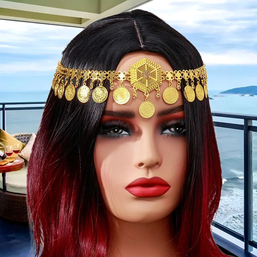 Fashionable Gold Diamond Embedded Arab Headband Indian Style Bridal Accessory Alloy Waterdrop Pattern Women's Headwear