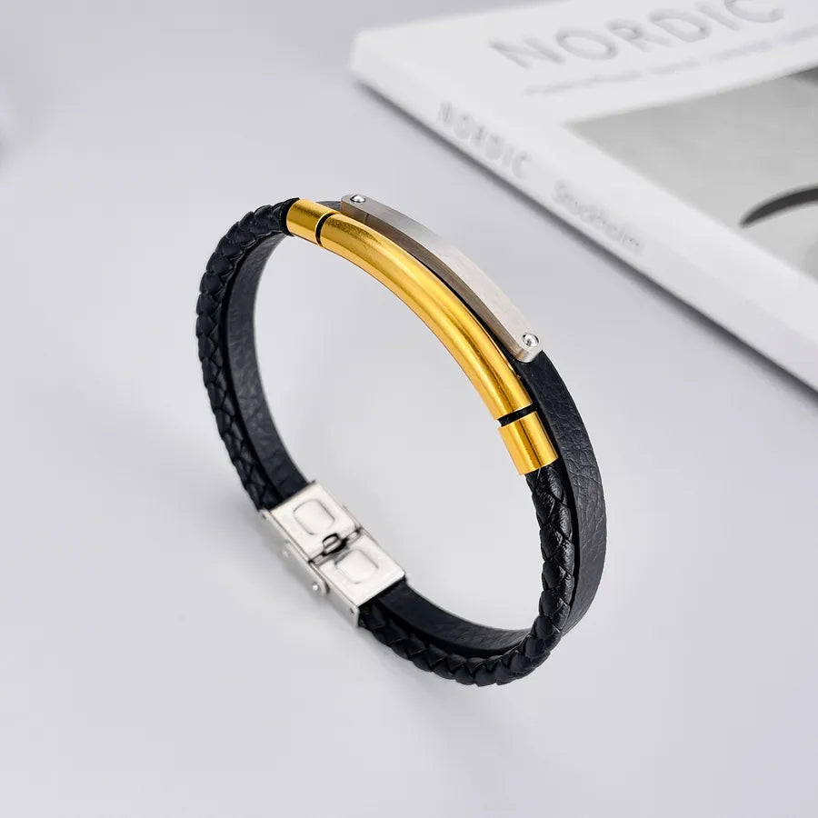 Vintage Style Geometric 304 Stainless Steel Pu Leather Men's Bangle