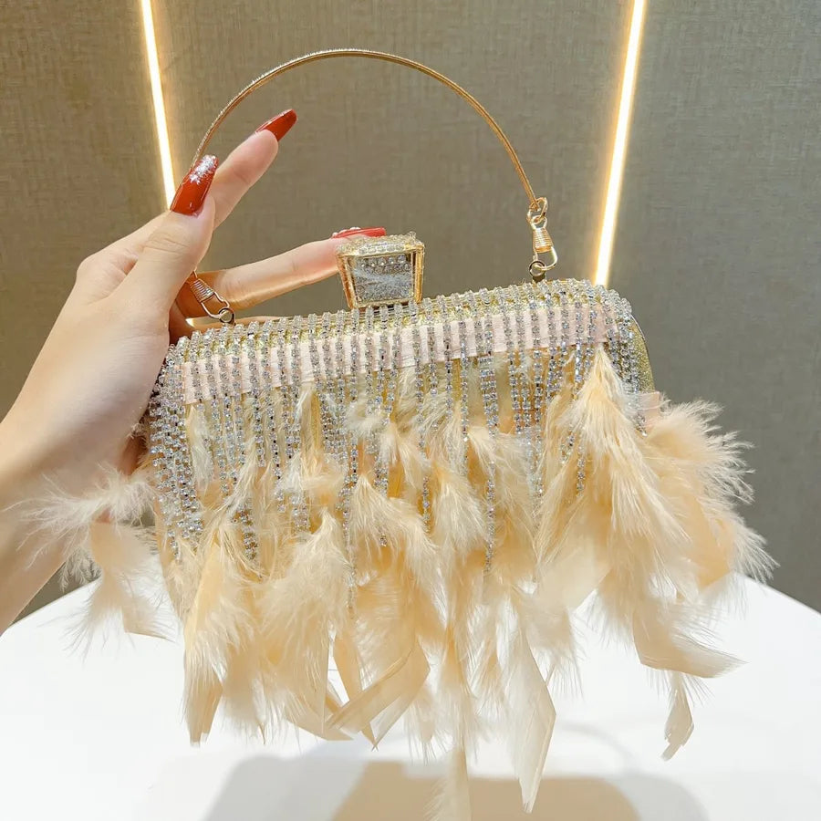 New Style Rhinestone Tassel Clutch Bag Wedding Dinner Party Shoulder Crossbody Bag Ladies Handbag Polyester Square Shape