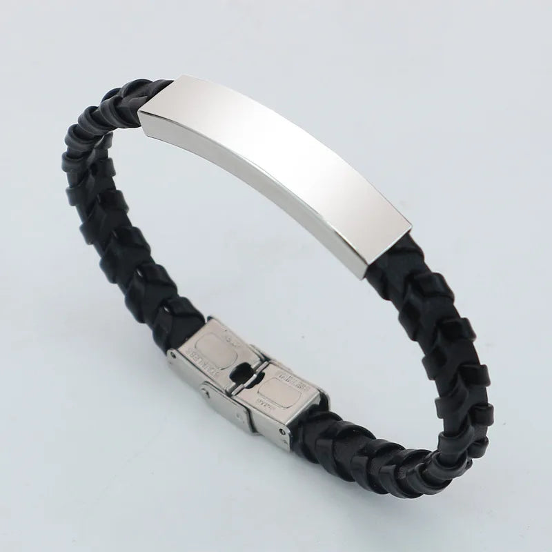 Retro Solid Color 304 Stainless Steel Pu Leather Polishing Men's Bangle Men Cord & Leather Bracelets
