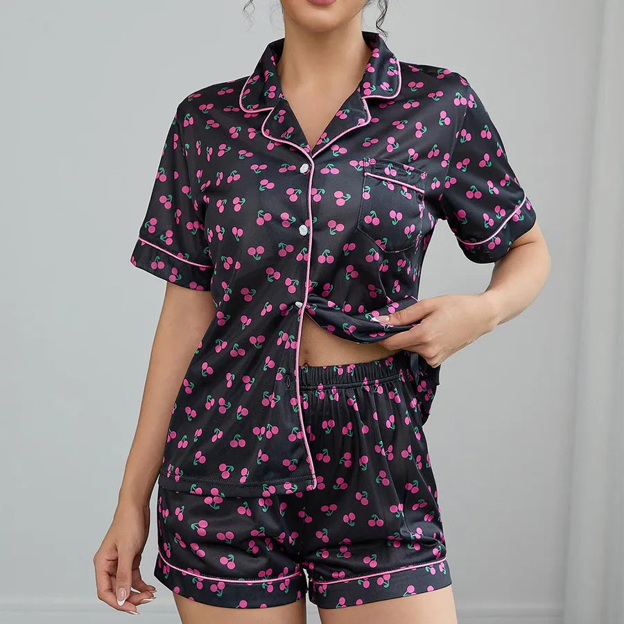 Women's Summer Sleepwear Short Sleeve Turn-down Collar Shorts Two-piece Set Casual Breathable Home Clothes European Style