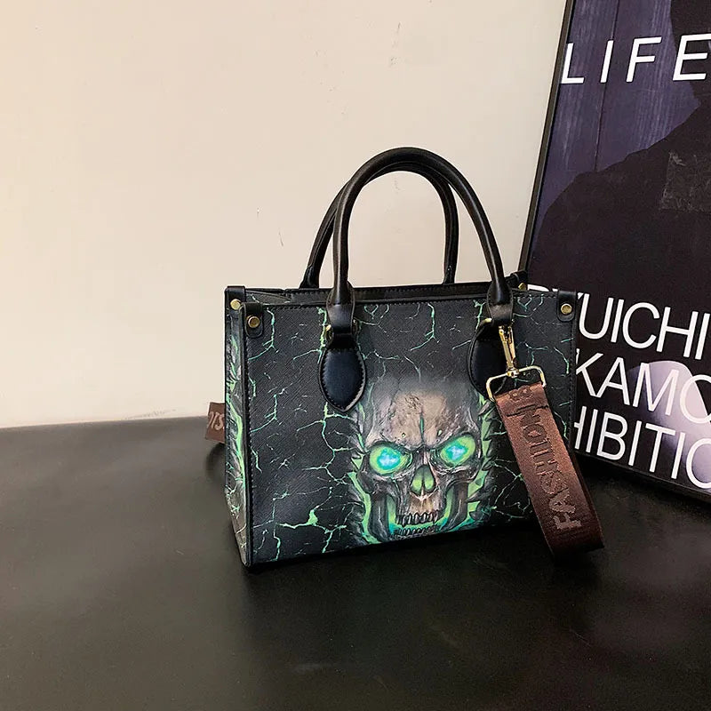 Halloween Women's Large Pu Leather Skull Streetwear Square Zipper Tote Bag