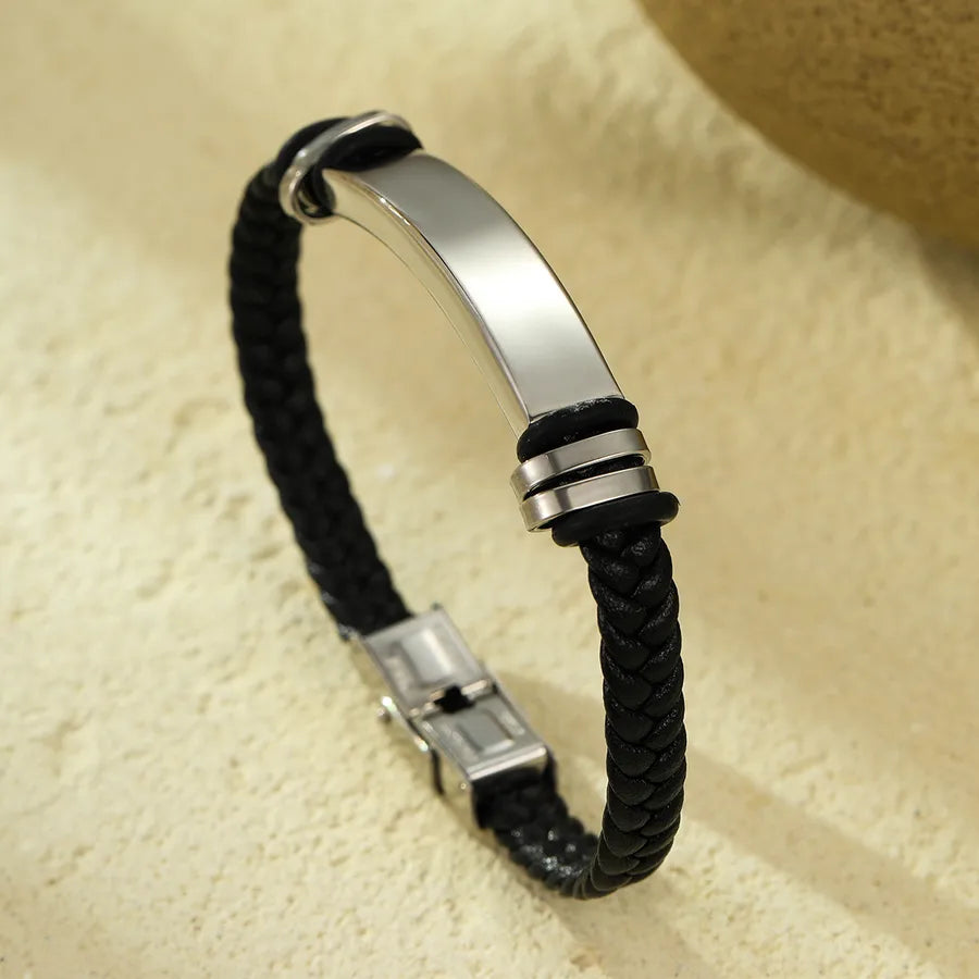 Personality Trend Stainless Steel Bracelet Curved Brand Can Carve Writing Men and Women Hand Woven Leather Bracelet