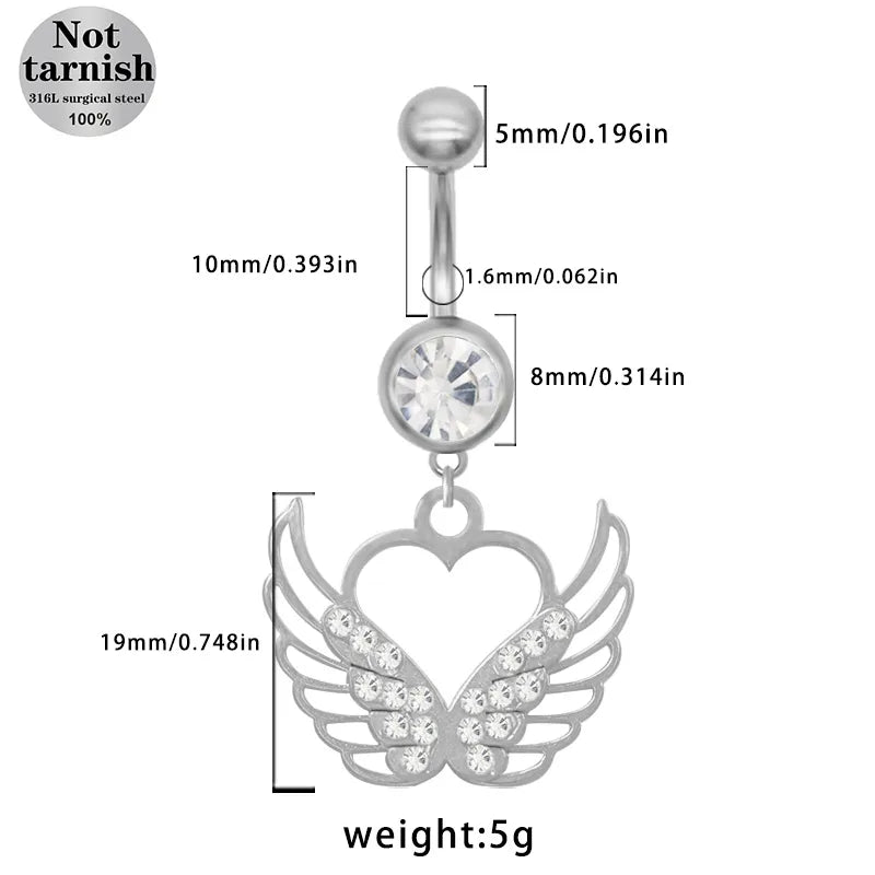 1 Piece Belly Rings Classic Style Roman Style Artistic Star Heart Shape Wings 316 Stainless Steel Alloy Hollow Out Resin Rhinestones Glass White Gold Plated Gold Plated