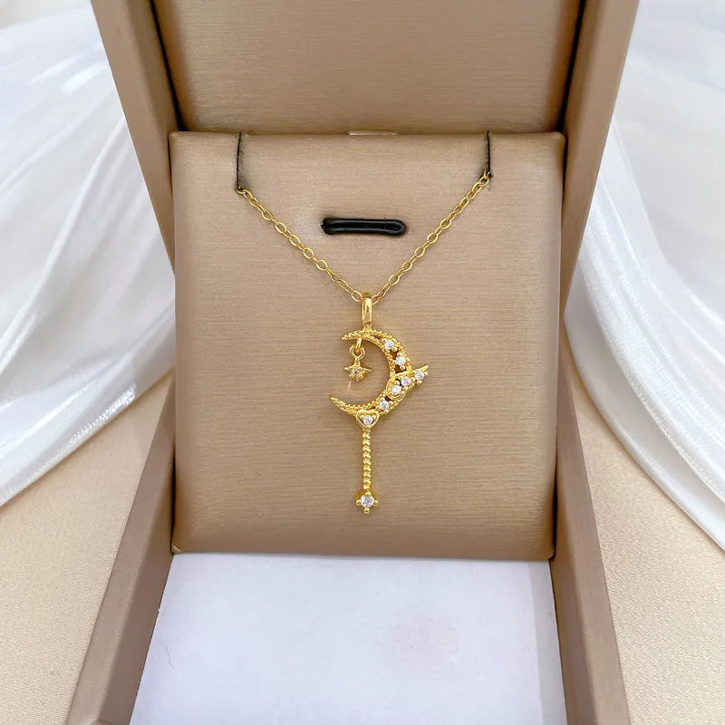 Wholesale Jewelry Vacation Classic Style Moon Titanium Steel Copper Zircon Inlay cable chain Pendant Necklace