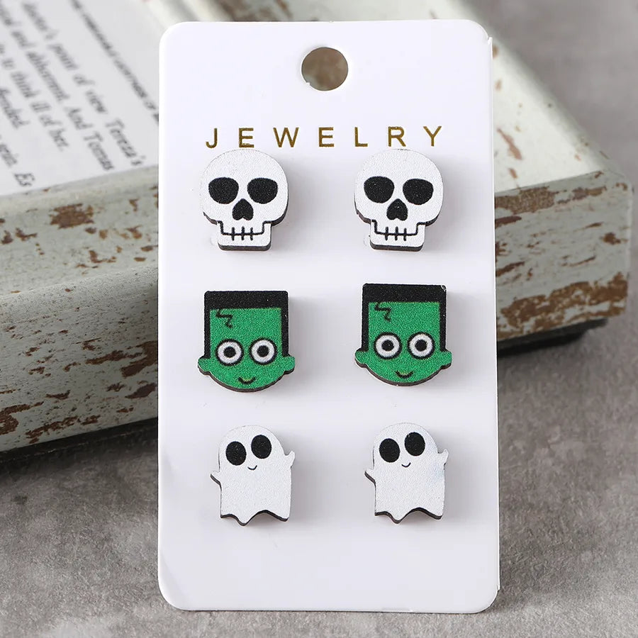 Wooden Vintage Halloween Party Ear Studs Set For Women Bat Pumpkin Witch Hat Skeleton Black Cat Design Stainless Steel Post