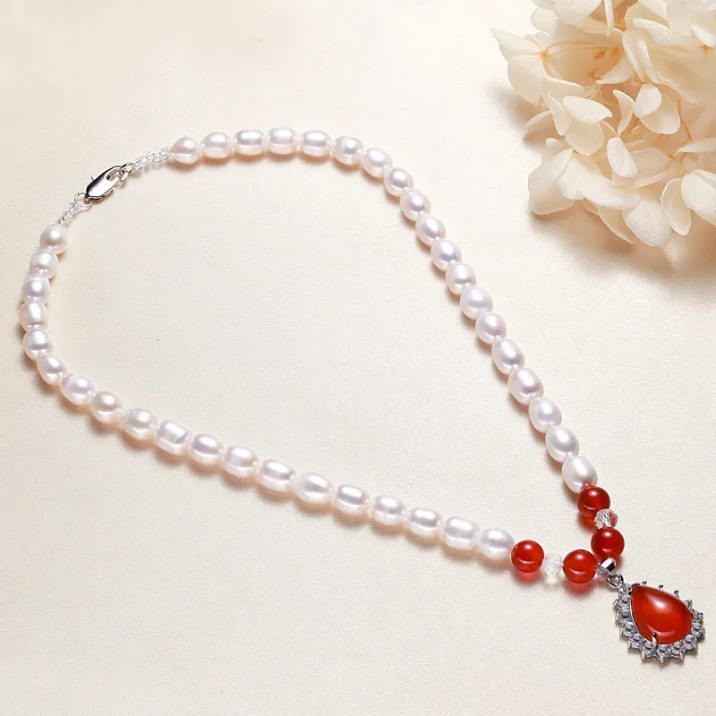 Freshwater Pearl Agate Zircon Beaded Chain Plating Inlay Water Droplets Necklace
