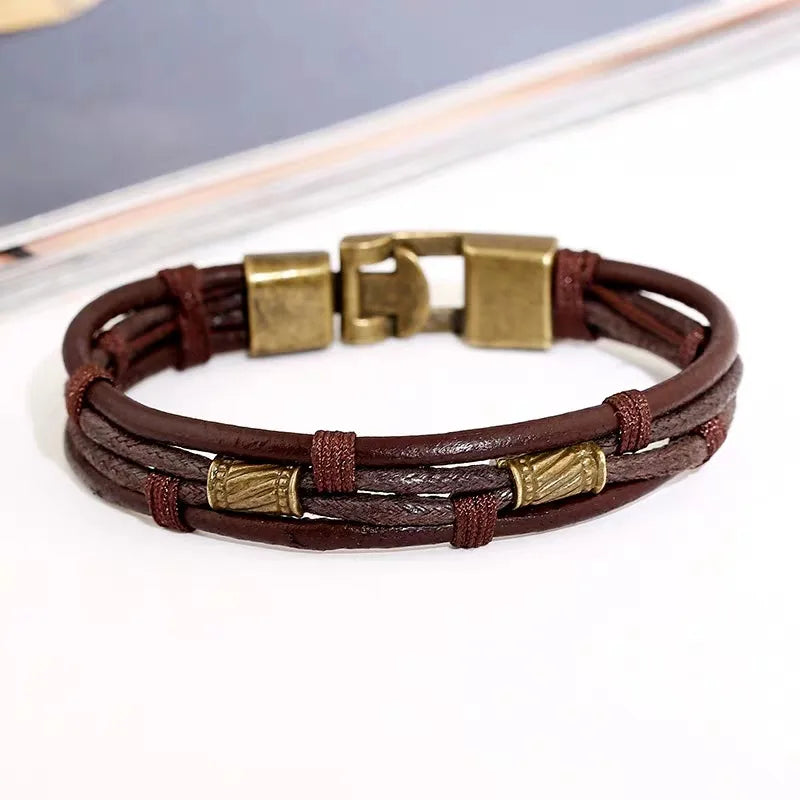 Multi-Layer Antique Rope Bracelet Men's and Women's Leather Metal Brown Jewelry Gift