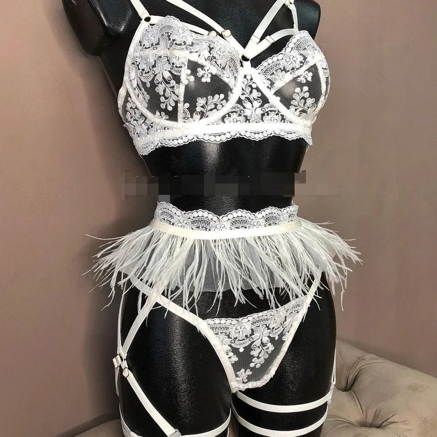 nihaodropshipping wholesale new lace feather embroidery underwear three-piece female