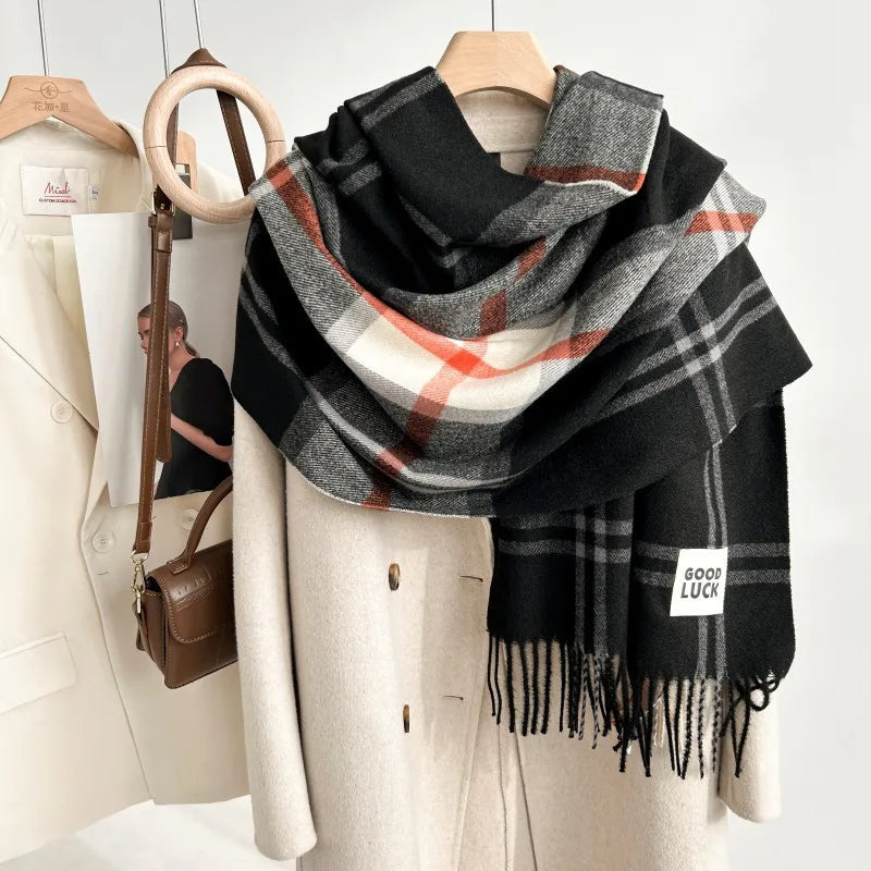 women's fashion simple style plaid polyester tassel scarf