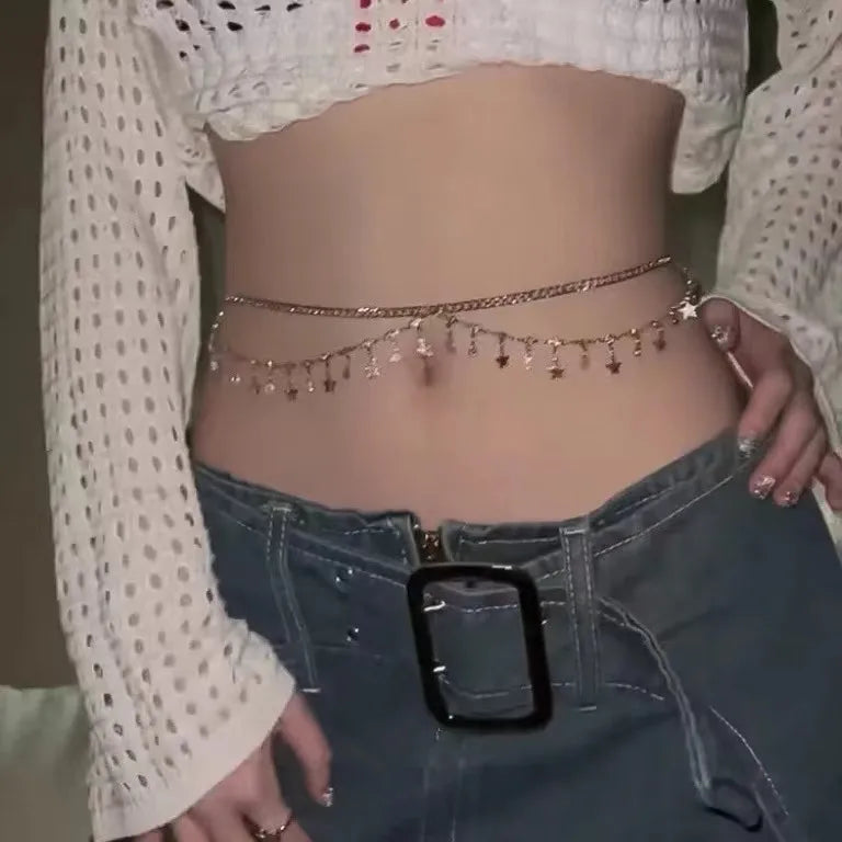 Jewelry Bikini Rhinestone Chain Waist Decoration Multi-layer Body Chain Star Rhinestone Tassel Waist Chain Women