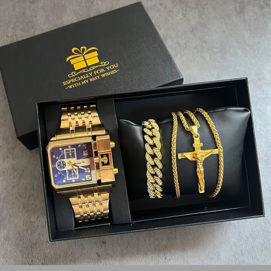 Business Color Block Folding Buckle Quartz Men's Watches Gift Set