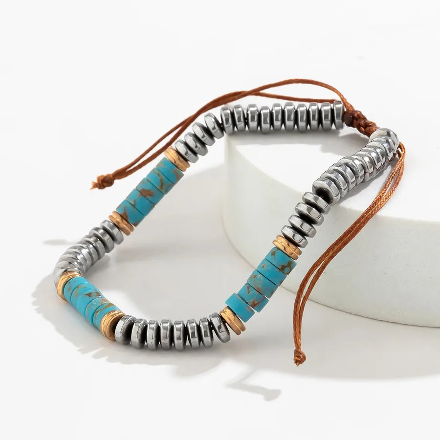 simple style color block alloy turquoise oil wax line beaded men's bracelets
