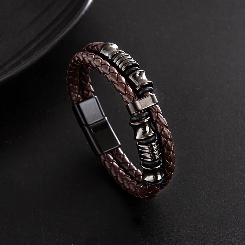punk solid color stainless steel pu leather men's wristband