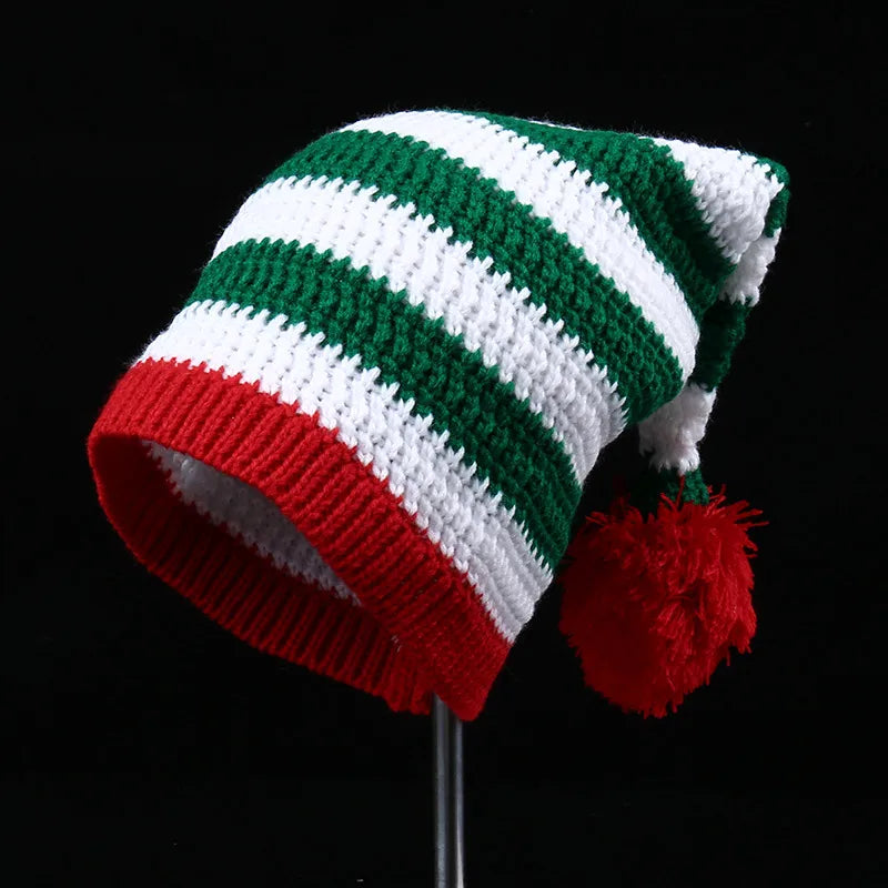Red Christmas Festival Knitted Wool Hat Autumn and Winter Fur Ball Striped Parent-Child Warm Christmas Gift Knitted Hat