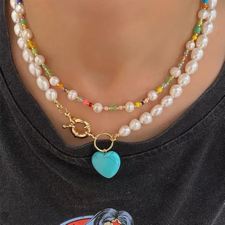 Freshwater Pearl Copper Turquoise Beaded Chain Beaded Plating Inlay Heart Shape Pendant Necklace