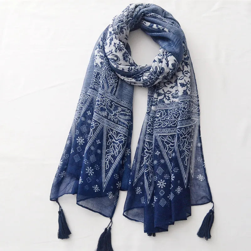 women's retro ethnic style printing cotton tassel scarf