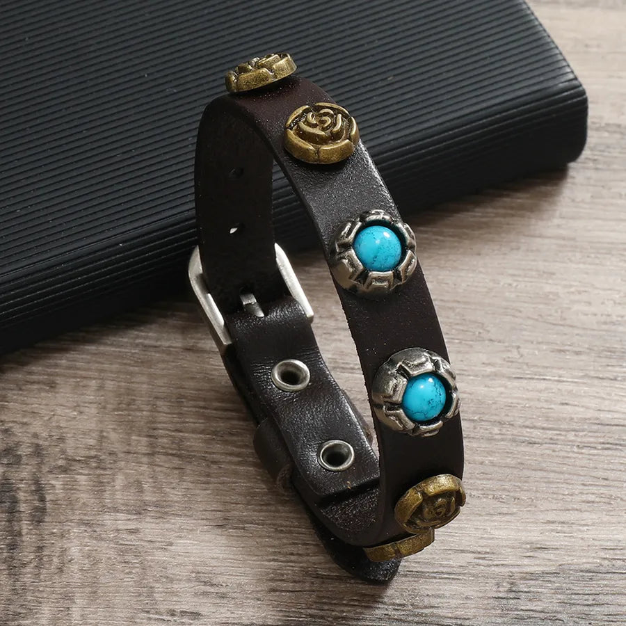 Retro Simple Style Flower Pu Leather Inlay Turquoise Unisex Bangle