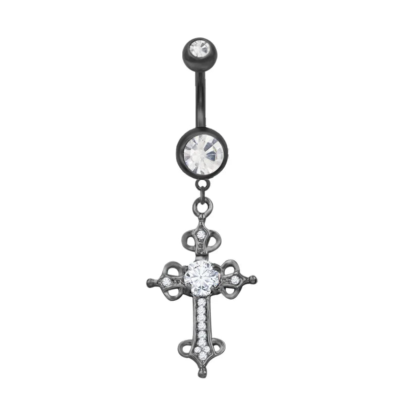 1 Piece Belly Rings Hip-Hop Rock Cross Alloy Plating Inlay Acrylic Rhinestones White Gold Plated
