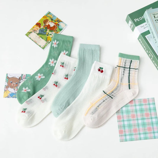 5 Pairs Cute Modern Style Women's Cherry Flower Cotton Crew Socks