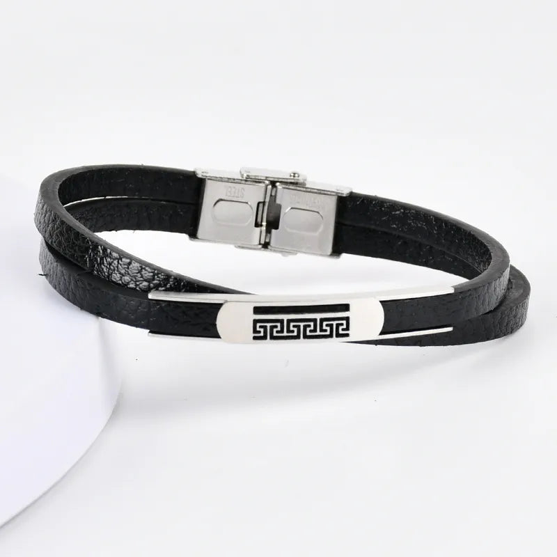 Retro Punk Geometric 201 Stainless Steel Pu Leather Men's wristband Men Cord & Leather Bracelets