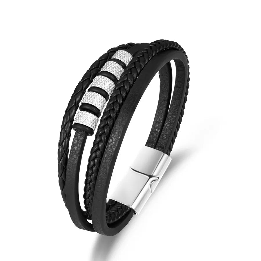 Retro Punk Solid Color 304 Stainless Steel Pu Leather Men's Bangle Men Cord & Leather Bracelets