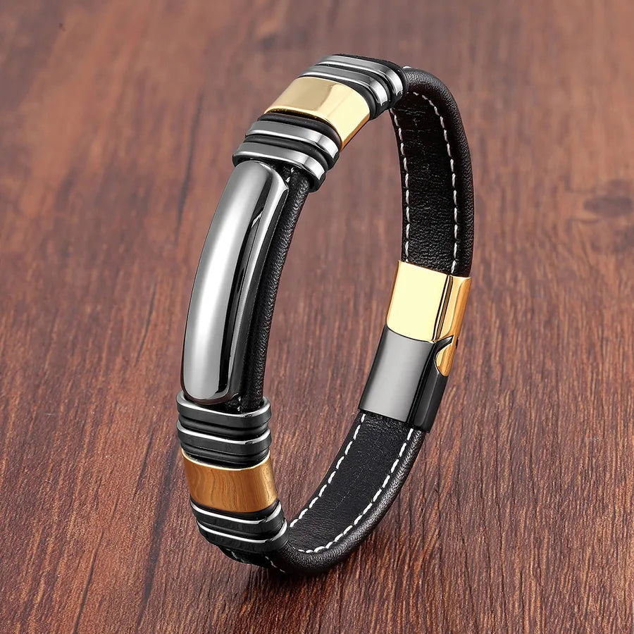 hip-hop punk rectangle pu leather stone metal handmade metal button men's bracelets