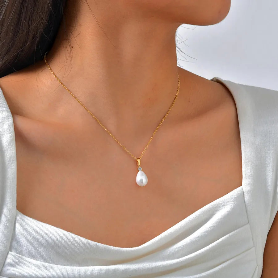 Wholesale Jewelry Formal Simple Style Pearl 201 Stainless Steel cable chain Pendant Necklace