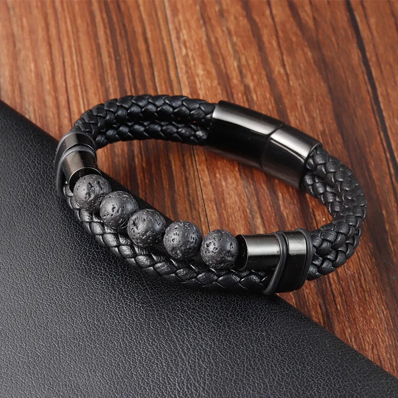 Natural Volcanic Rock Beads Bracelet Braided Leather Stainless Steel Multi-Layer Bracelet Magnetic Snap Bangle L20239