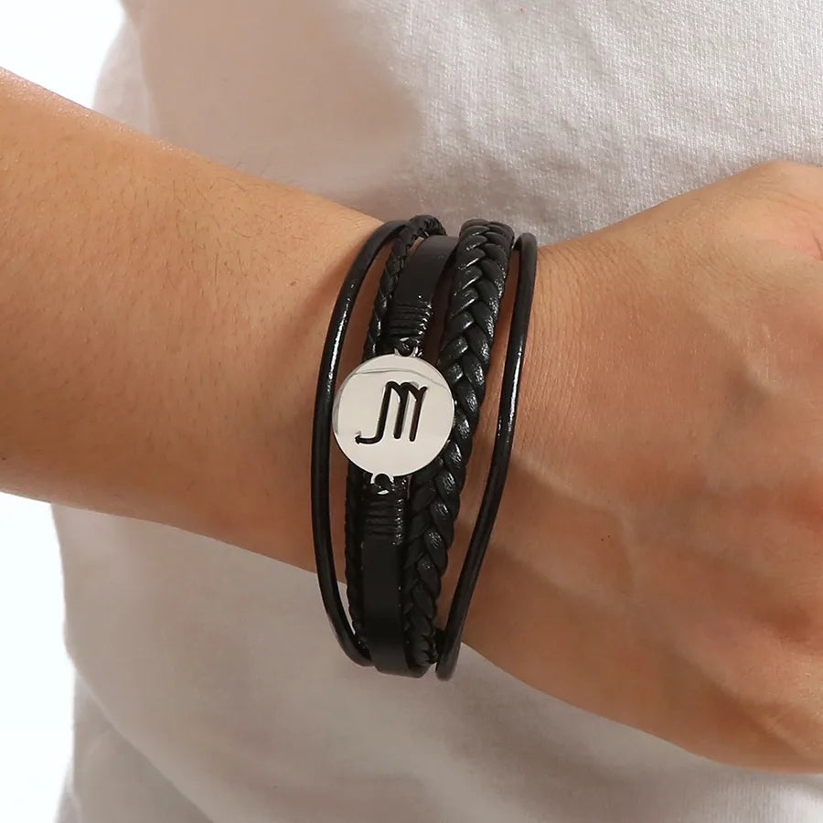 Simple Style Constellation 316 Stainless Steel Pu Leather Layered Men's Bangle