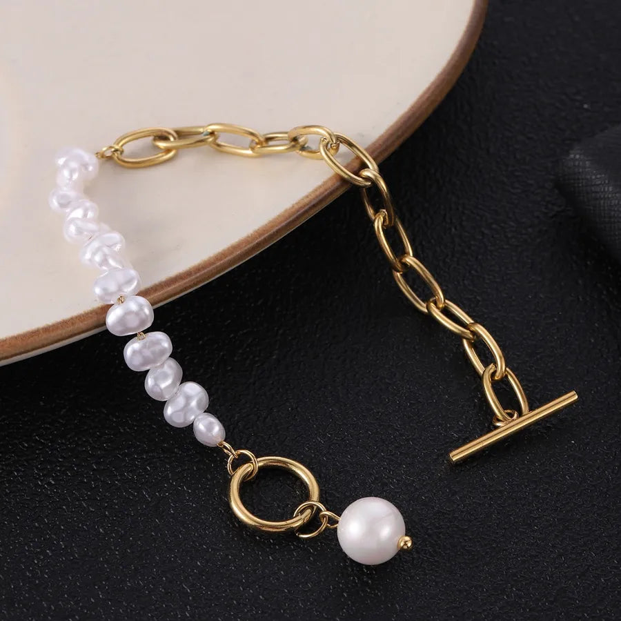 Elegant Retro Pearl Imitation Pearl Titanium Steel Paperclip Chain Bracelets In Bulk