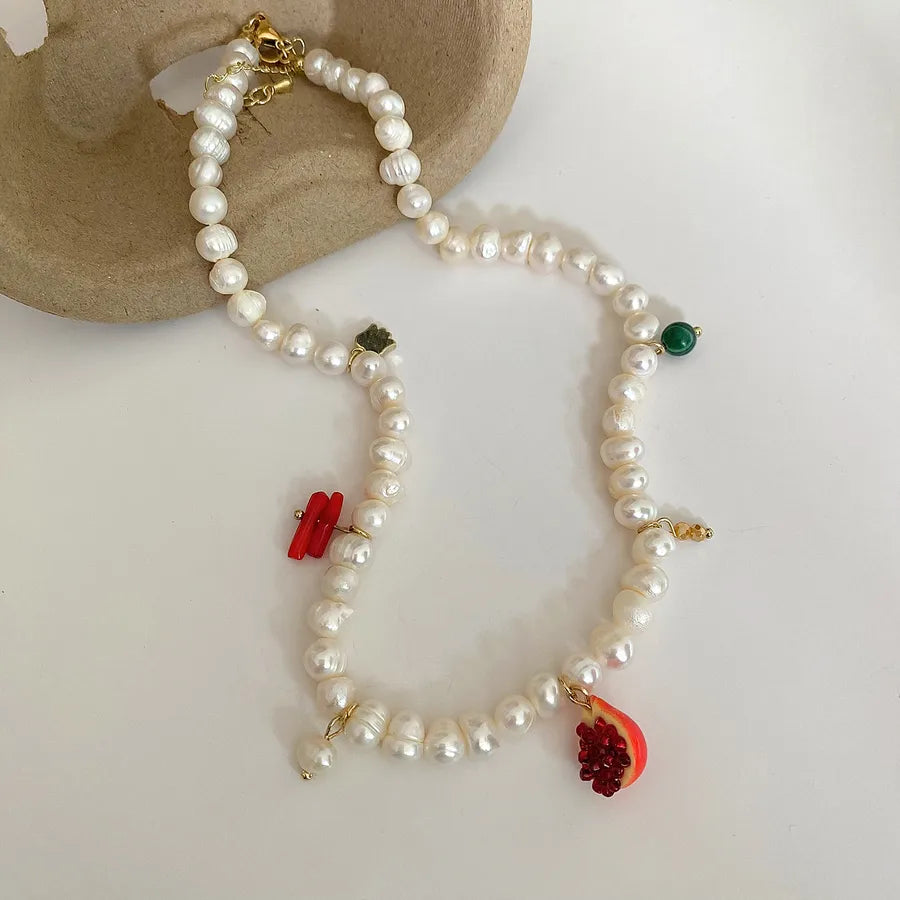 Freshwater Pearl Copper Plated Freshwater Pearl Bluestone Copper Beaded Chain Fruit Pomegranate Multi Charms Necklace