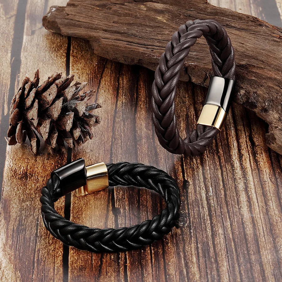 Woven Genuine Leather Black Bracelet Stainless Steel Bracelet Titanium Steel Ornament Bracelet Men's Cowhide Woven L19157