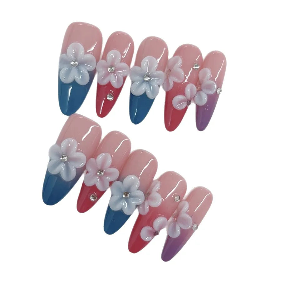 Long Almond Shaped Nail Tips With 3D Floral Carving And Gradient Painting Style Press On Nails Luxury Trend
