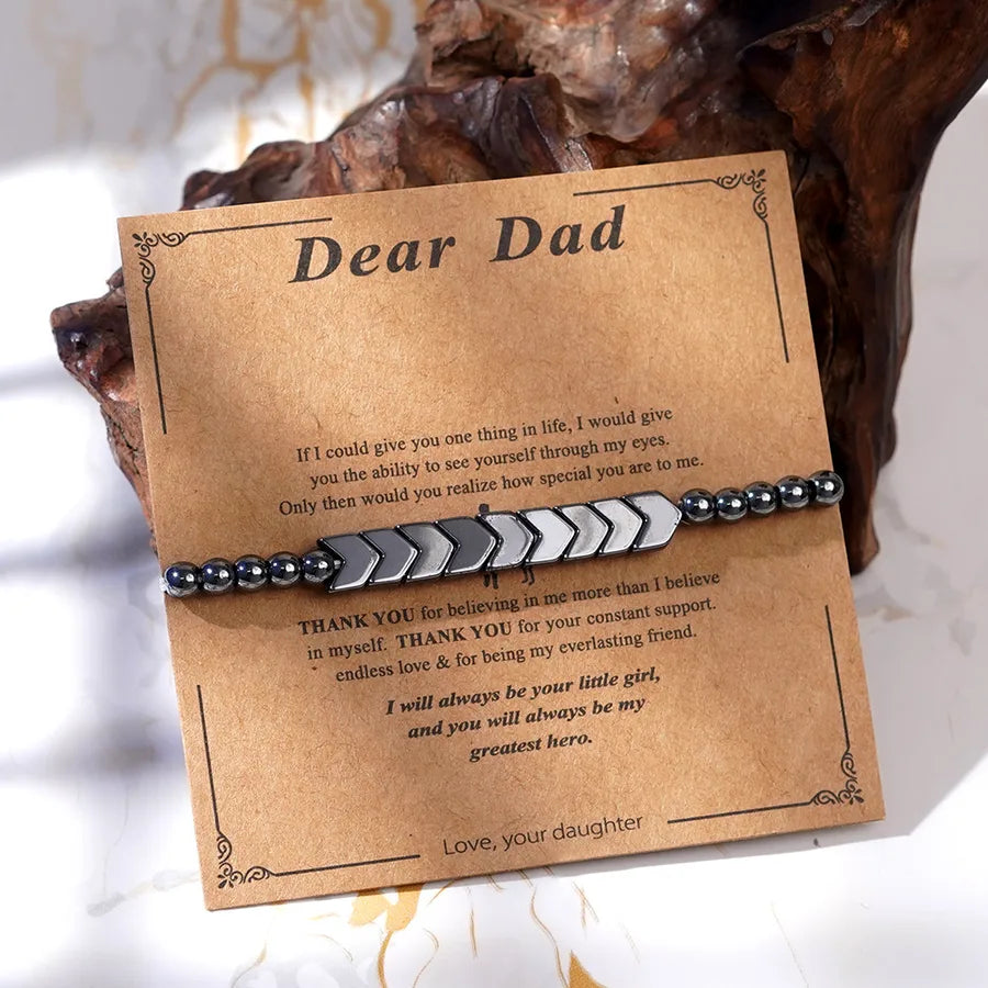 Factory in Stock Simple round Beads Gun Color Arrow Iron Stone Men's Bracelet Father's Day Greeting Card Gift
