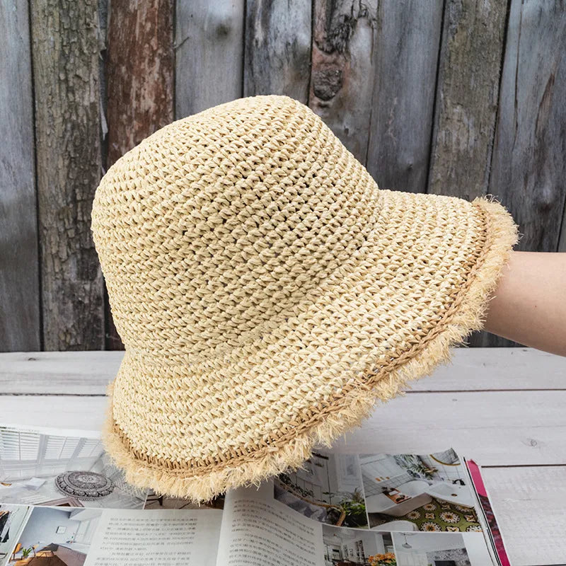 women's vacation solid color flat eaves straw hat
