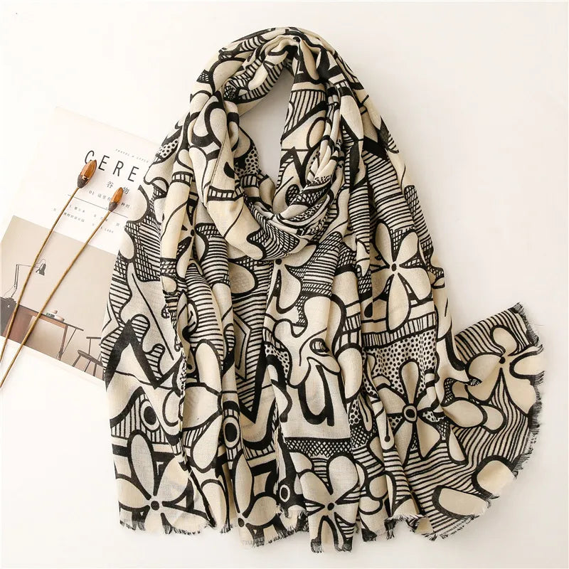 korean flower printed cotton linen gauze silk scarf wholesale nihaodropshipping