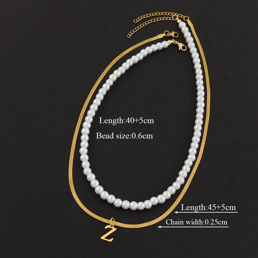 Casual Elegant Simple Style Letter 201 Stainless Steel 304 Stainless Steel Artificial Pearl Beaded Chain snake chain Layered Necklaces Wholesale